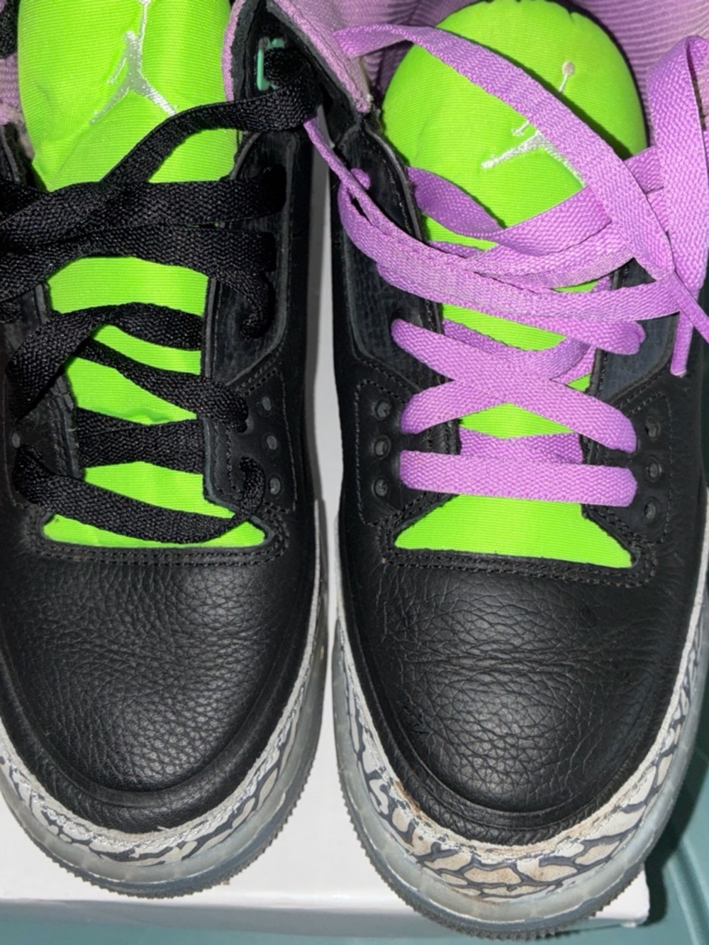 Kids Black Leather Sneakers with Neon Green Tongue and Purple/Black Laces
